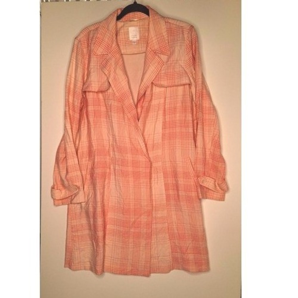 LC Lauren Conrad Womens Coral Plaid Lightweight Trench Coat Large - Picture 2 of 9